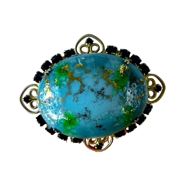 Vintage Brooch and Clip Earrings Set Green and Aqua Rhinestone rare 1960s - Picture 2 of 13